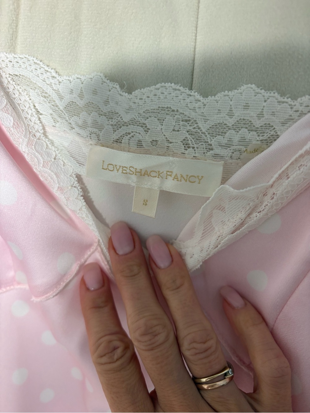 LoveShackFancy manuela Pale Pink Polka Dot Satin Slip Dress with White Lace - Picture 5 of 8